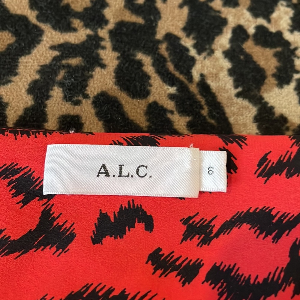 A.L.C. Red & Black Asymmetrical Animal Print Silk Soie Skirt w/ Ruffle - Picture 8 of 10